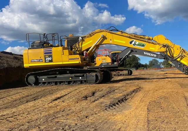 Komatsu PC290 and Volvo EC250EL plant hire equipment operated by LED Plant and Civil